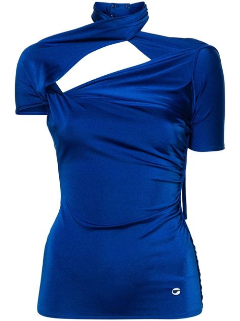 cobalt blue stretch-design asymmetric body cut-out detailing draped detailing short sleeves square open back straight hem Immaculate Vibes, Asymmetrical Hem Top, Red Mini Skirt, Designer Top, Fashion Guide, Draped Top, City Dress, Airport Fashion, Church Decor