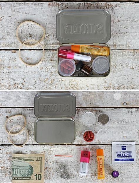 Mint Box Crafts Altoids Tins, Altoids Box Ideas, Purse Contents, Altoids Wallet, Minimergency Kit, Tin Crafts, Altoids Tin, Altoid Tin, Emergency Survival Kit