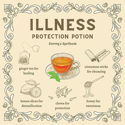 𝚂𝚝𝚘𝚛𝚖𝚢’𝚜 𝚂𝚙𝚎𝚕𝚕𝚋𝚘𝚘𝚔 on Instagram: “An illness protection potion! Great to use right now especially, although doctor’s recommendations should always come first!…” Tea Spells, Protection Potion, Herb Magic, Tea Witch, Root Work, Kitchen Witch Recipes, Potions Recipes, Witch Tips, Witch Tools