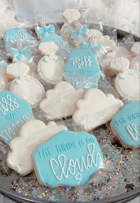 Cloud Bridal Shower Cookies, Cloud Nine Bridal Shower Cookies Decorated, The Bride Is On Cloud 9 Theme, In The Clouds Bridal Shower Theme, Cloud 9 Bridal Shower Cookies, Cloud Bridal Shower Ideas, On Cloud 9 Cookies Bridal, On Cloud Nine Bridal Shower Ideas, On Cloud 9 Wedding Shower Theme