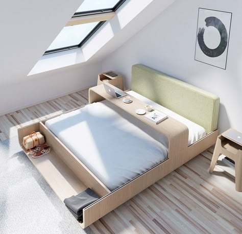 Unusual Bedside Tables, Sleeping A Lot, Bedside Table Design, Sliding Table, Floating Bed, Bed Tray, Simple Desk, Simple Bed, Small Homes