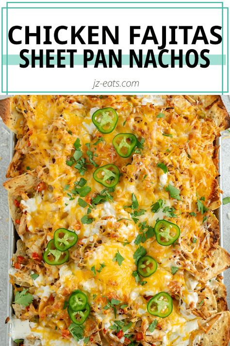 These Tex-Mex Chicken Fajita Nachos are a great appetizer when hosting a game night with friends or when you need a quick weeknight meal. Chicken Fajita Sheet Pan, Fajita Sheet Pan, Nachos In Oven, Chicken Fajita Nachos, Fajita Nachos, Nacho Recipes, Mexican Sour Cream, Sheet Pan Nachos, Pan Nachos