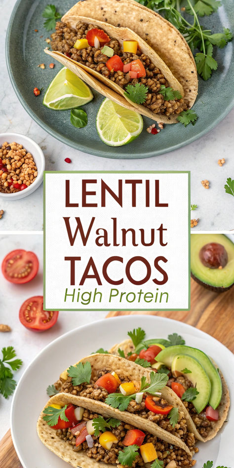 A plate of colorful vegan lentil walnut tacos garnished with lime wedges and cilantro. Walnut Tacos, Vegan High Protein, Nutritious Dinner, High Protein Vegan Recipes, Protein Packed Meals, Protein Power, Vegan Tacos, High Protein Vegan, Vegan Recipe