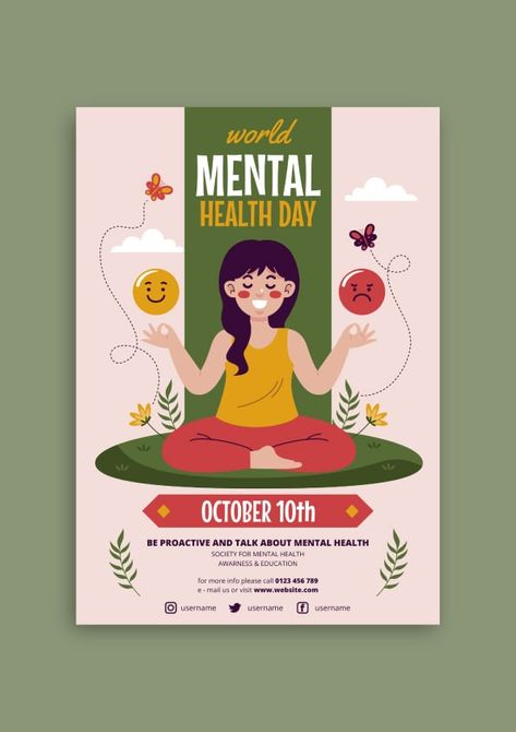 Hand-drawn Flat World Mental Health Day Flyer Healthy Lifestyle Poster Design, College Event Ideas, Workshop Poster, Web Design Creative, Art Competition Ideas, Mental Health Poster, College Event, World Mental Health Day, Flat World