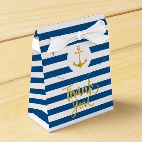 nautical decor golden anchor and blue stripes favor box Nautical Bridal Shower Favors, Navy Blue White Wedding, Nautical Favors, White Stripes Wedding, Baby Shower Gift Favors, Nautical Wedding Favors, Nautical Bridal Showers, Nautical Wedding Ideas, Blue White Weddings