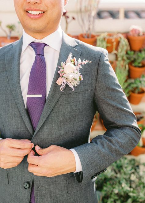 Light Grey Suit Purple Tie, Gray Suit Purple Tie, Grey Suit With Purple, Purple Prom Suit, Unique Boutonniere, Purple Groomsmen, Grey Tux, Light Grey Suit, Dreamy Backyard