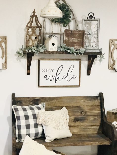 A little farmhouse decor in my entry way! DIY deacon bench, Peters Pottery, Rae Dunnand some cozy pillows! Entryway Ideas With Bench And Table, Memorial Decorations Home Decor, Above Bench Wall Decor, Entry Way Bench Styling, Indoor Bench Decor, Stair Landing Wall Decor, Farmhouse Entryway Ideas With Bench, Bench Wall Decor, Farmhouse Bench Decor