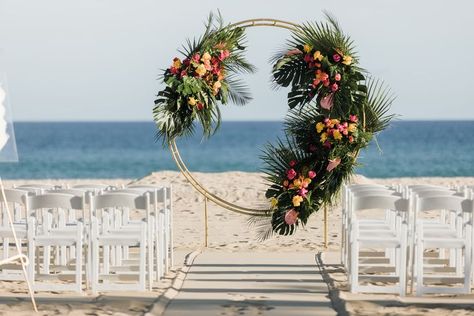 Tropical colorful circle wedding arch at Hyatt Ziva Los Cabos photo: @EMweddingsPhoto Circle Arch Wedding, Circle Wedding Arch, Hyatt Ziva Los Cabos, Circle Arch, Colorful Circle, Arch Wedding, Wedding Arch, Hoop Wreath, Arch