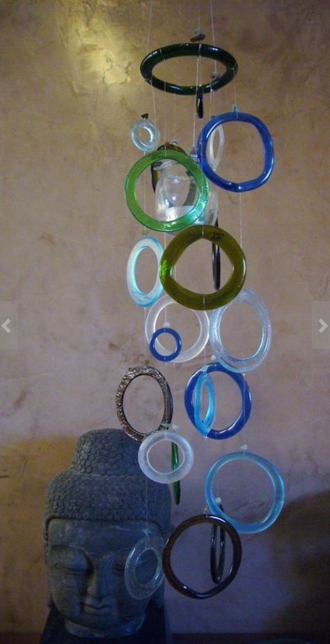 Crafts With Wire, Bottle Windchimes, Diy Windchime, Wine Bottle Chimes, Bottle Chimes, Wind Chimes Homemade, Wine Bottle Wind Chimes, Fused Glass Artwork, Glass Fusing Projects