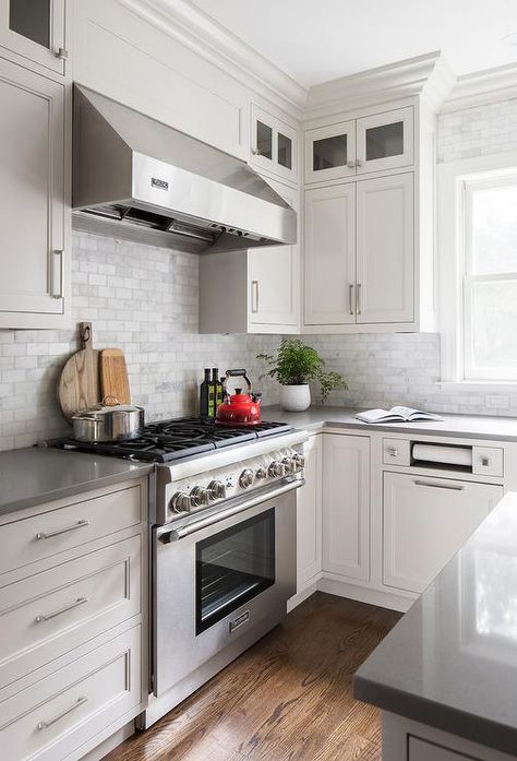 Quartz countertops with gray cabinets