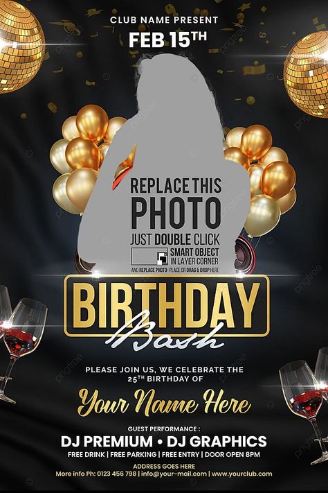 Black Gold Birthday Bash Flyer Template Birthday Party Flyer Background, Birthday Bash Flyer, Gift Background, Happiness Design, Flyer Background, Dessert Candle, Birthday 2023, Color Cartoon, Flyer Free