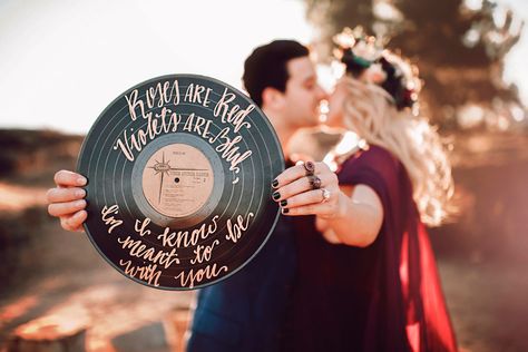 vintage vinyl record with calligraphy quote for engagement session Engagement Signs For Pictures, Engagement Calligraphy, Record Quotes, Country Engagement Pictures, Mark Ballas, Nativity Stable, 50s Wedding, Calligraphy Quote, Engaged Couples Photography