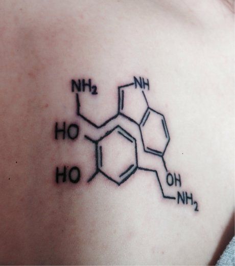 the chemical makeup of dopamine and serotonin as a tattoo. a MUST have for chem nerds such as myself #tattoos #chemistry #nerdythings Dopamine And Serotonin, Flower Tattoo Designs, A Tattoo, Tattoos And Piercings, I Tattoo, Triangle Tattoo, Geometric Tattoo, Chemistry, Flower Tattoo