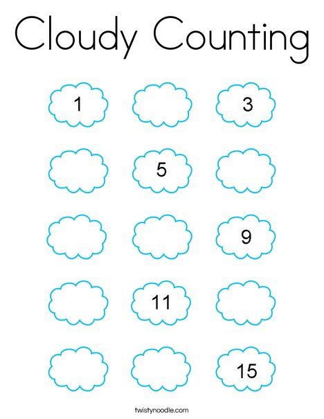 Cloudy Counting Coloring Page - Twisty Noodle Preschool Weather Math Activities, Cloudy Activities For Preschool, Sentra Balok, Weather For Kids, Weather Activities Preschool, Spring Worksheets, Eric Carle Activities, Me Preschool Theme, Spring Worksheet