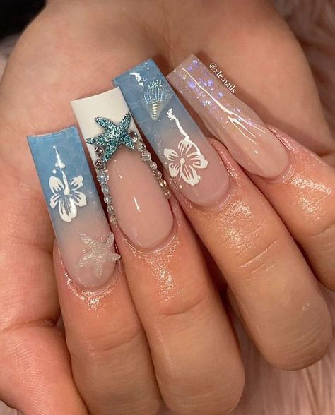 Beach Nails Acrylic Long, Square Ocean Nails, Ocean Summer Nails, Tropical Nails Square, Summer Water Nails, Water Theme Nails, Ocean Acrylic Nails, Blue Sea Nails, Bahamas Nail Ideas