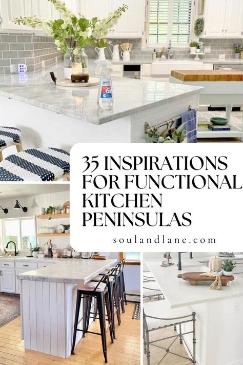 Revolutionize your kitchen space with our innovative kitchen peninsula ideas, tailor-made for functionality and style. Imagine a beautifully designed peninsula that not only adds extra counter space but also serves as an informal dining area or a convenient prep station. Our guide showcases a variety of peninsula designs that maximize your kitchen's layout, from sleek, modern lines to cozy, traditional styles. D Peninsula Kitchen Makeover, Small Kitchen Ideas Peninsula, Sink Peninsula Kitchen, Modern Kitchen Design With Peninsula, Peninsula Kitchen Design Breakfast Bars, Kitchen Counter Peninsula, Small Kitchen Peninsula With Seating, Curved Peninsula Kitchen, Kitchens Peninsula