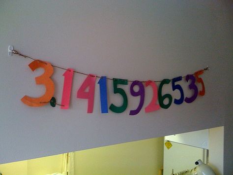 pi-day banner..on pi day have each student create one number Pi Decorations, Pi Day Birthday Party, Pi Day Decorations, Pi Day Ideas, Pi Party, Pi Day Poster, Pi Day Party, Pi Day Facts, Pi Day Activities