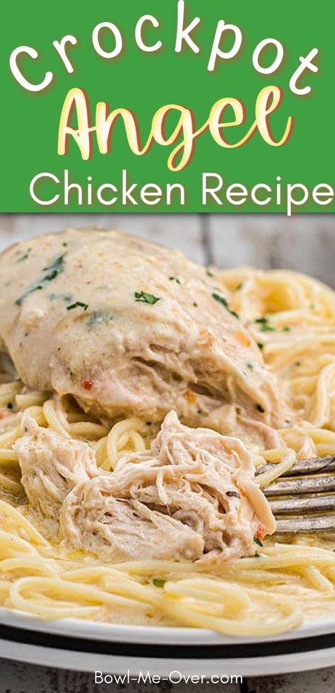 Close up of shredded chicken in a creamy sauce over pasta with Pinterest overlay. Crockpot Pasta Recipes Ground Beef, Pasta Recipes Ground Beef, 4 Cheese Pasta, Angel Chicken Recipe, Pasta Crockpot, Angel Chicken, Shell Pasta Recipes, Slow Cooker Pasta Recipes, Recipes Ground Beef