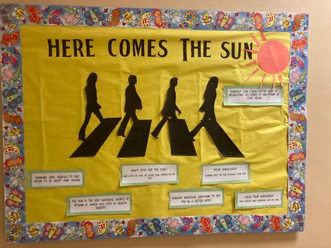 70s Ra Bulletin Board, Sun Safety Bulletin Board, Here Comes The Sun Bulletin Board, Beatles Bulletin Board, 70s Bulletin Board, 70s Theme Bulletin Board, Ra Summer Bulletin Boards, Pop Culture Bulletin Board Ideas, Music Ra Bulletin Boards