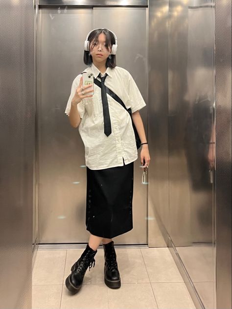 Tomboy Outfit With Skirt, Acubi Tie Outfit, Long Skirt White Shirt, Big Skirt Outfit Aesthetic, Long White Dress Shirt Outfit, Skirt Tomboy Outfit, Shirt With Long Skirt Outfit, Long Skirt Button Up Shirt, Acubi Long Skirt Outfit