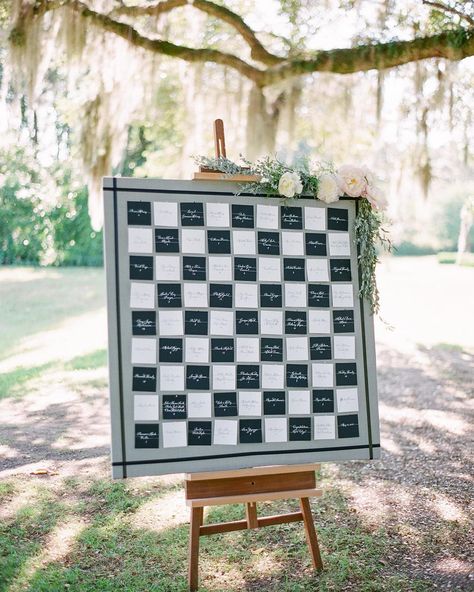 Karson Butler Events on Instagram: “Another favorite @lhcalligraphy project... Operation checkerboard seating display for @thereal_katvonsanchez's wedding! We spent lots of…” Checkered Wedding, Belize Wedding, Board Game Party, Table Number Place Cards, Kt Merry, Card Displays, Wedding Vision, Wedding Centerpiece, Seating Chart