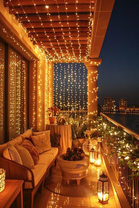 Balcony Plants Decor, Balcony Lights Outdoor, Small Balcony Lights, Ideas For Balcony Decoration, Small Balcony Ideas Apartment Indian, Apartment Porch Ideas Balconies, Christmas Lights Balcony Apartment, Series Light Decoration Ideas, Balcony Birthday Decoration Ideas