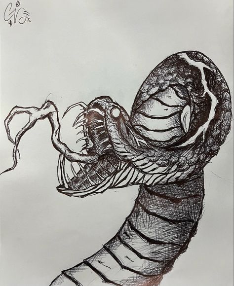 Snake Striking Drawing, Evil Things To Draw, Creepy Snake Drawing, Creature Sketch Monsters, Gothic Snake Drawing, Evil Snake Drawing, Fear Of Snakes Drawing, Snake Drawing On Hand, Dragon Snake Drawing