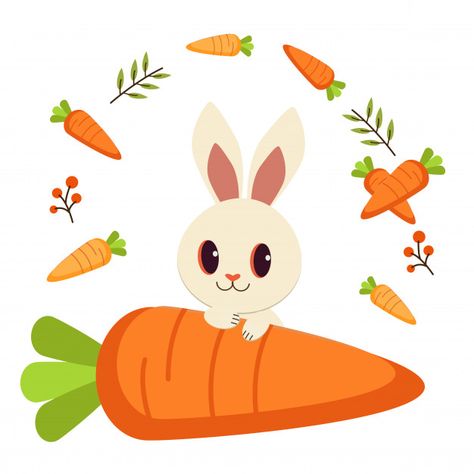 Rabbit And Carrot Drawing, Carrot Illustration Cute, Cute Carrot Drawing, Carrot Illustration, Carrot Drawing, Avocado Cartoon, Colorful Carrots, Rabbit Sitting, Balloon Illustration