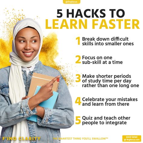 Are you a fast learner? 📚 If not, that’s okay! Fast learning is a skill that needs to be practiced and worked on, just like you would any other muscle. 🧠 F’ing clarity helps you to eliminate mental fatigue, increase memory and brain health, and increase processing and reasoning. 💛 It’s literally the smartest thing you can swallow! 💡 Shop online using the link in bio. 🛒🔗 #Fing #Clarity #MentalClarity #Cognition #Nootropic #Nootropics #ADD #ADHD #AlphaBrain Fast Learner, Mental Fatigue, Increase Memory, Learn Faster, Study Time, How To Make Shorts, Mental Clarity, Brain Health, To Learn