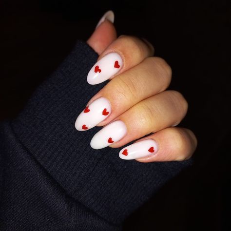 Milky White Nails With Red Hearts, Milky Nails With Hearts, Milky White Nails With Heart, Nails With Hearts, Milky Nails, Tiny Heart, Milky White, Nails Inspo, Almond Nails