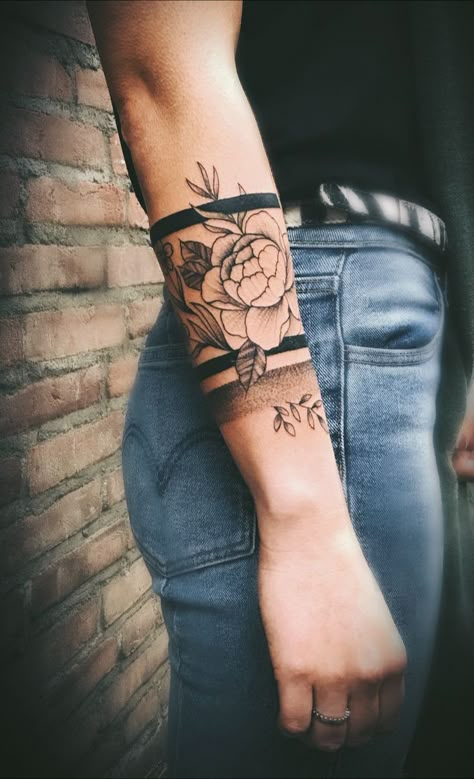 Peony And Lotus Tattoo, Forearm Cuff Tattoo Women, Lower Forearm Tattoo, Shoulder Sleeve Tattoo, Shoulder Sleeve Tattoos, Side Wrist Tattoos, Wrist Tattoo Cover Up, Tattoo Artist Tattoo, Cuff Tattoo