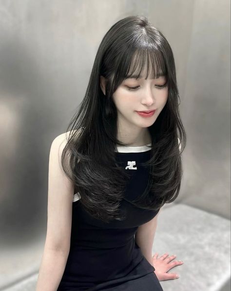 Full Bangs Layered Hair, Full Bangs Haircut, Black Hair Long Bangs, Long Layer With Bangs, Full Bangs Hairstyle, Full Bangs Long Hair, Bangs Black Hair, Long Straight Black Hair, Hair Color Swatches