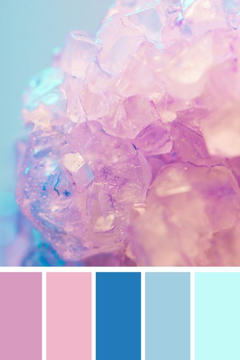 Crystalline Structure: A close-up of a crystalline structure showcasing pastel shades of pink and blue. This pink and blue color palette exudes a calming and ethereal quality, perfect for evoking a sense of tranquility and wonder. Colors That Contrast With Pink, Blue Pink Purple Color Palette, Icy Color Palette, Cotton Candy Color Palette, Holographic Color Palette, Pink And Blue Color Palette, Blue Color Pallet, Color Scheme Generator, Brand Colours