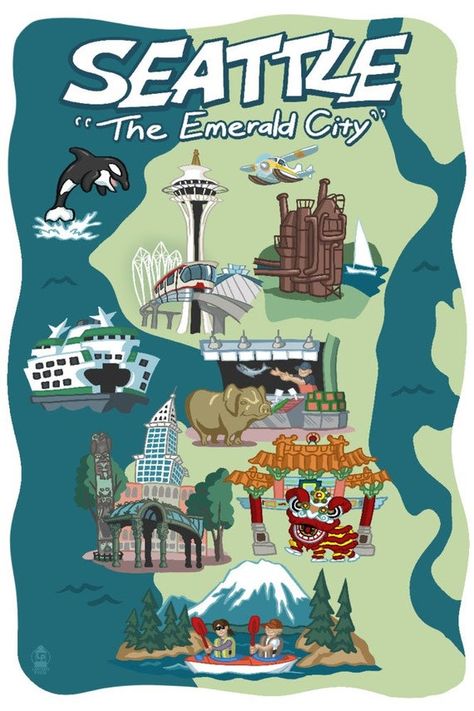 Seattle, Washington - Cartoon Icons (Art Prints, Wood & Metal Signs, Canvas, Tote Bag, Towel) Pacific Northwest Art, Seattle Art, National Park Posters, Stock Art, Cartoon Icons, Art Ink, Seattle Washington, Native American Art, Vintage Travel Posters