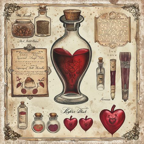 Potion Illustration Bottle, Love Potion Aesthetic, Love Poison, Mystical Creatures Mythology, Witch Stickers, Halloween Spell Book, Halloween Spells, Bullet Journal Stickers, Arte Sketchbook