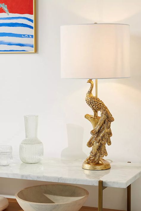 Pavo the Peacock Table Lamp | Anthropologie Peacock Table Lamp, Tables Consoles, Peacock Lamp, Gold Lighting, Peacock Motif, Gold Peacock, Sideboards Living Room, Unique Table Lamps, Hallway Console