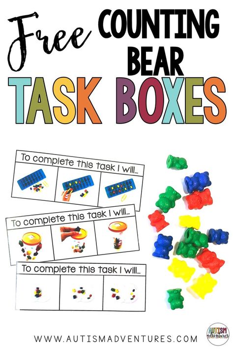 These free task boxes are great for special education classrooms and to foster independence! Click the pin to check out the variety of ways you can use counting bears in these boxes. Speech Task Boxes, Functional Task Boxes, Science Task Boxes, Task Boxes Preschool Free Printables, Free Task Box Printables, Task Boxes For Special Education Free, Free Task Boxes, Independent Work Tasks, Teacch Tasks