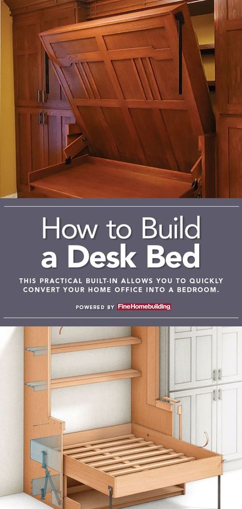 Murphy Bed With Built In Desk, Murphy Bed With Desk Diy Plans, Cottage Murphy Bed, Murphy Desk Bed, Diy Murphy Bed With Desk, Small Bedroom Built Ins, Diy Murphy Bed Desk, Ikea Murphy Bed Hack Diy, Murphy Bed Office Guest Bedrooms