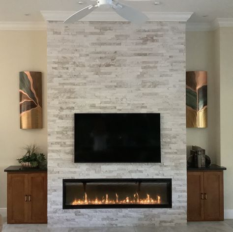 Electric Fireplace With Stone Wall, Stone Fireplace With Crown Molding, Fireplace With Crown Molding, Ledger Stone Fireplace, Horizontal Fireplace, Wall Remodel, Large Electric Fireplace, Stone Electric Fireplace, Tv Enclosure