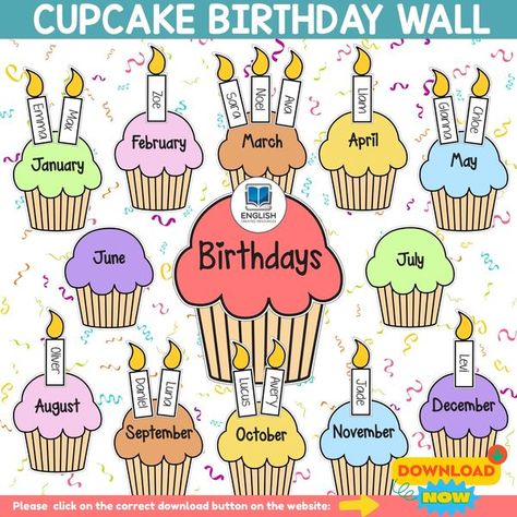 Activity Boosters | Free Birthday Cupcake Wall Template for all our group members | Facebook Birthday Cupcake Printable, Cupcake Template Free Printable, Cupcake Wall, Cupcake Template, Birthday Bulletin Boards, Birthday Bulletin, Liam And Noel, Classroom Birthday, Birthday Wall