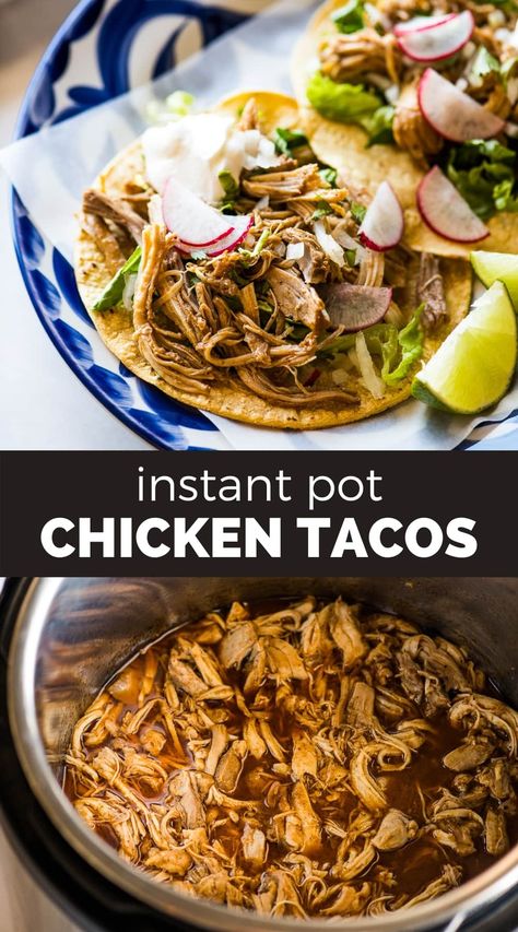 Make these easy Instant Pot Chicken Tacos part of your Taco Tuesday line up! The marinated chicken thighs are tender, moist, and perfectly seasoned. Shred the chicken and enjoy with all of your favorite taco toppings in only 1 hour. Instant Pot Salsa Chicken, Instant Pot Chicken Tacos, Instant Pot Salsa, Chicken Tacos Recipe Easy, Pressure Cooking Chicken, Chicken Tacos Recipe, Crunchwrap Supreme, Chicken Tacos Easy, Chicken Taco Recipes