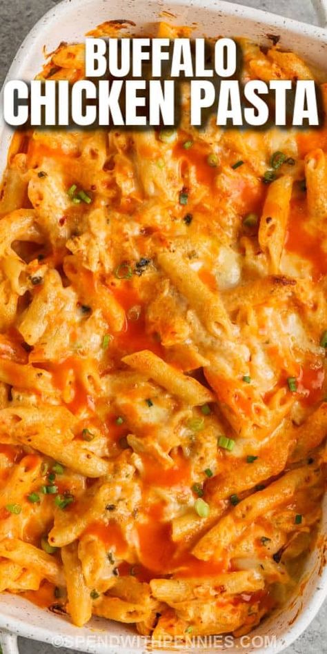 This cheesy buffalo ranch pasta bake is so delish. Pasta and chicken are cooked in a tangy white sauce made with cream cheese and sour cream. Buffalo sauce is added for a spicy kick and then it is topped with two kinds of cheese and baked to cheesy perfection. This buffalo chicken pasta bake is so easy and so tasty!  #buffaloranchpastabake #buffalochickenpasta #buffalochickenpastabake #spendwithpennies Buffalo Chicken Pasta Bowtie, One Pan Chicken Pasta Bake, Buffalo Chicken Pasta Casserole, Buffalo Chicken Alfredo Bake, Buffalo Chicken Ravioli, Dump And Bake Buffalo Chicken Pasta, Buffalo Chicken Dip Pasta, Buffalo Chicken Pasta Recipes, Buffalo Ranch Pasta