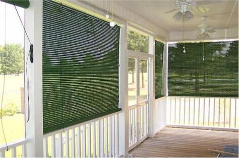 Nothing says quality porch time like a reliable and beautiful exterior shades.  These help you keep your view out without harsh sunlight (or neighbor gazes!) coming in.    Find them:  http://www.blinds.com/control/product/productID,8768 Porch Blinds, White Cottage Exterior, Outdoor Blinds Patios, Lanai Design, Porch Shades, Porch Awning, Exterior Shades, Green Exterior, Woven Wood Shades