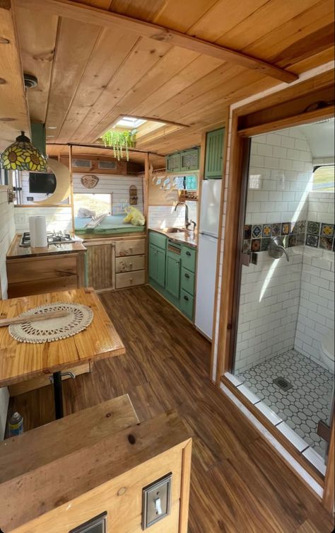 School Bus Tiny House, School Bus Camper, Rv Interior Remodel, Home Inspo Living Room, Tiny House Camper, Minimalism Home, Home Inspo Cozy, Bus Living, Vintage Camper Remodel