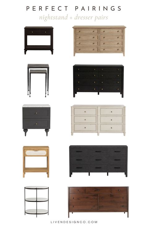 nightstand and dresser pairings. bedroom furniture. nightstand and dresser combos. mix and match bedroom furniture Mix Matched Bedroom Furniture Ideas, Dresser Nightstand Ideas, Mix And Match Bedroom Furniture, Mix And Match Bedroom, Beige Dressers, Nightstand And Dresser, Calming Paint Colors, Matching Dressers, Unique Dresser