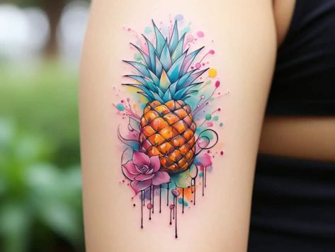 Pineapple Tattoos, Pinapple Tattoos, Pineapple Tattoo, Tattoo For Boyfriend, Floral Thigh Tattoos, Pineapple Flowers, Watercolor Pineapple, Tattoos For Lovers, Meaningful Tattoo