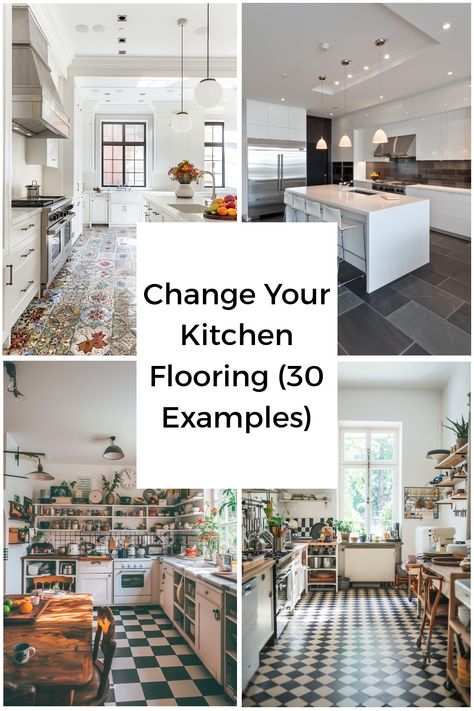 Tips and ideas for changing up your kitchen flooring to give your kitchen a new lease of life. Large Tiled Kitchen Floor, Lvp Kitchen Flooring Tile, Tile Wood Transition Kitchen, Tile Ideas For Kitchen Floor, Flooring For Small Kitchen, Kitchen Remodel Tile Floor, Tile Kitchen Floor Next To Hardwood, Different Flooring Transition Kitchen, Best Kitchen Floors