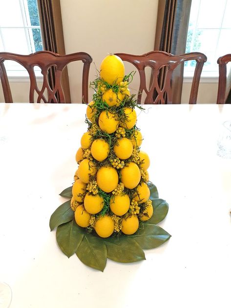 Lemon Centerpiece, Lemon Topiary, Lemon Centerpieces, Topiary Centerpieces, Faux Boxwood, Magnolia Leaf, Kitchen Table Centerpiece, Fruit Arrangements, Lemon Decor