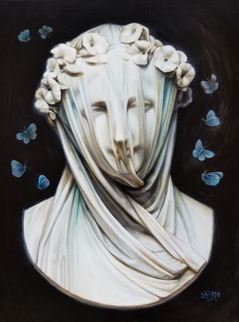 Veiled Lady Kristin Forbes-Mullane  2018 • Acrylic on panel • 12x16 Veiled Woman Art, Of The Earth Tattoo, The Earth Tattoo, Woman Anatomy, Veiled Lady, Earth Tattoo, Holy Water Bottle, Goat Skull, Veiled Woman