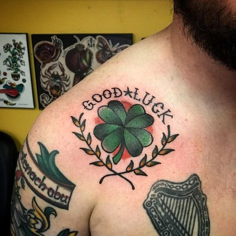 Photo by (bespoke.supply.liverpool) on Instagram | #shamrock #shamrocktattoo #clover #tattoo #clovertattoo #goodluck #marloweink #jenwhitetattoos #colortattoo #guyswithink Leprechaun Tattoos, Group Tattoos, Four Leaf Clover Tattoo, Clover Tattoo, Shamrock Tattoos, Wrist Tattoo Designs, Sailor Jerry Tattoos, Irish Tattoos, Clover Tattoos